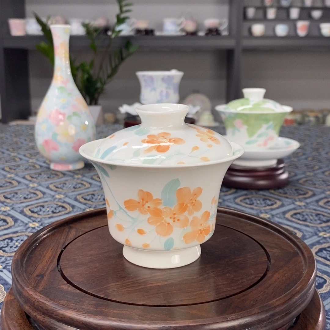 凌霄花盖碗釉下手绘高温