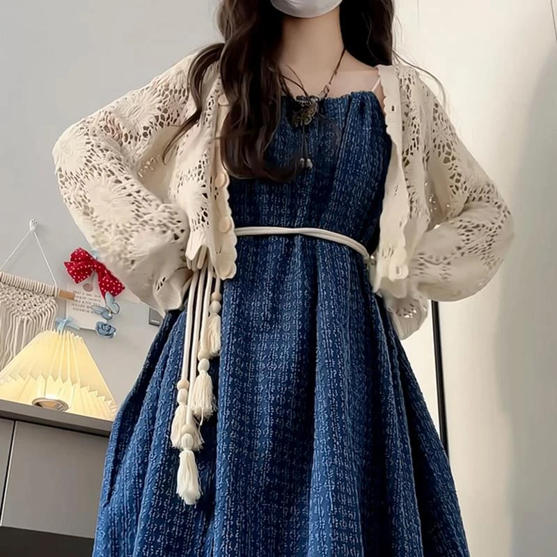 YYOU民族度假风杏色钩花镂空针织开衫女夏季吊带外搭披肩防晒罩衫