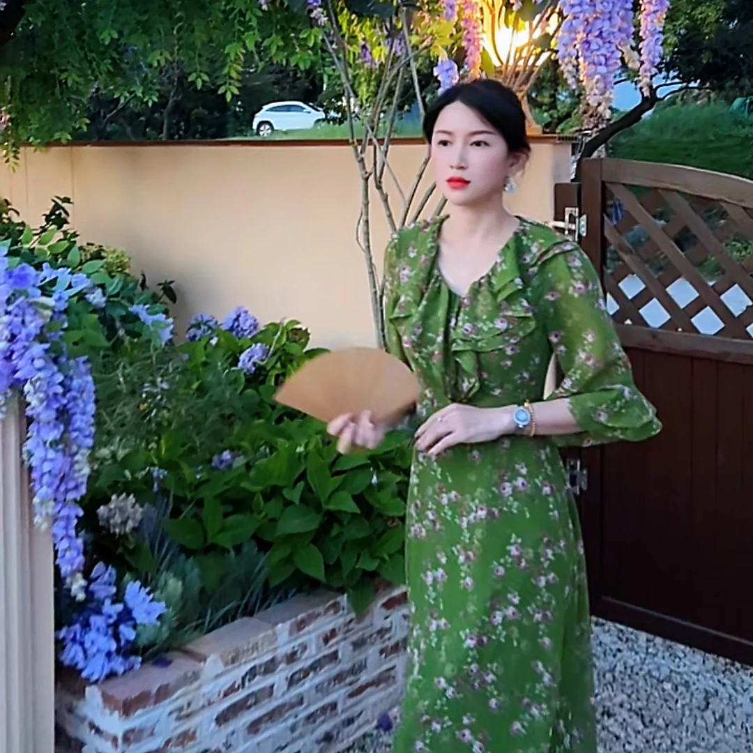 【花田喜事】 AN065 安妮老板 气质复古显白碎花六分袖连衣裙