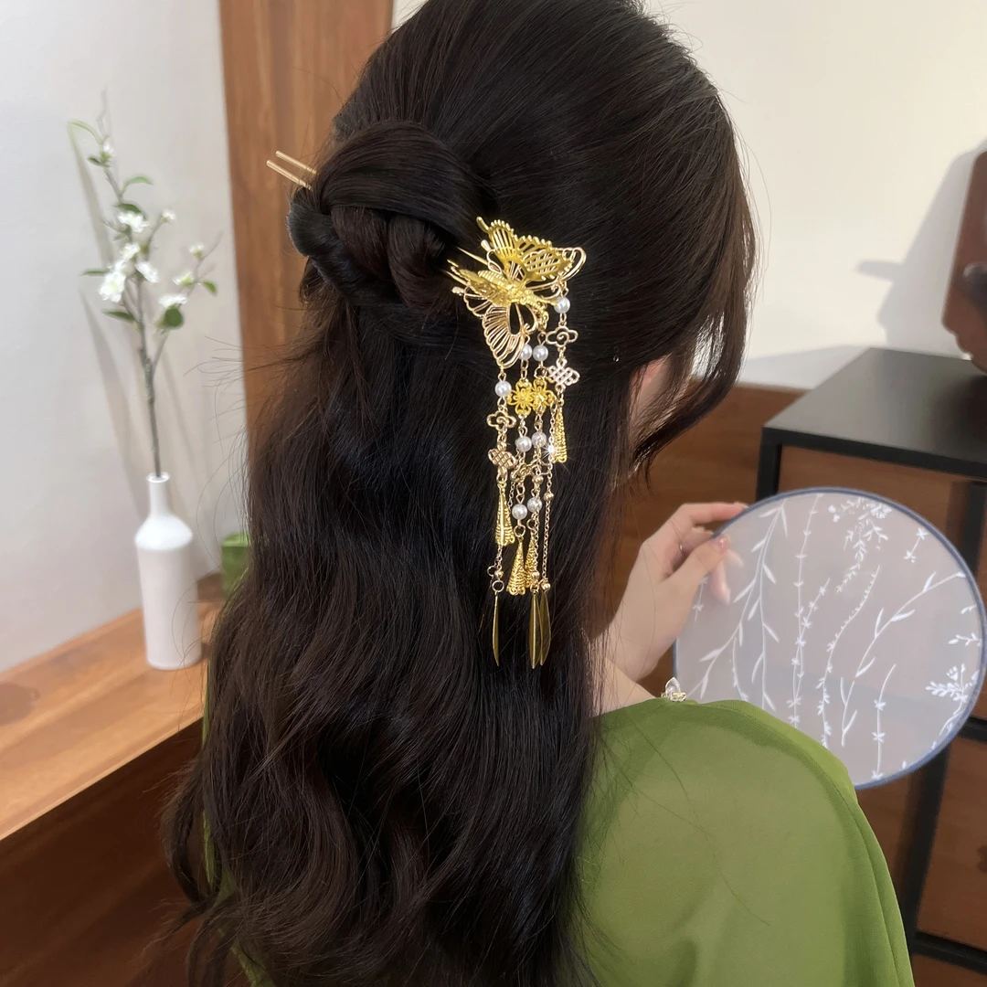 古风金色蝴蝶流苏U型发簪新中式汉服后脑勺盘发正版古风簪子