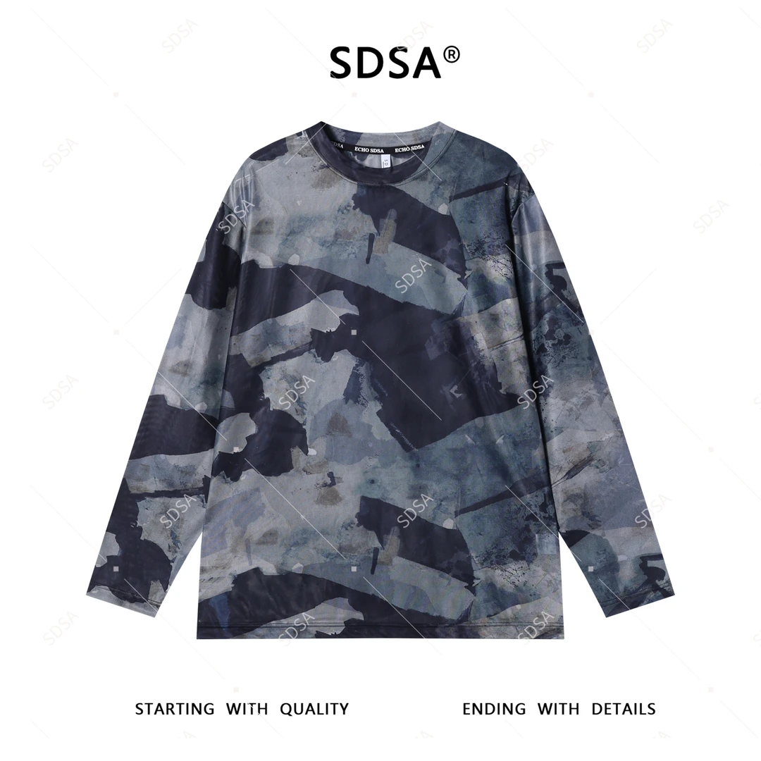 SDSA夏季新款男士痞帅国潮不规则晕染设计圆领长袖T恤休闲气质