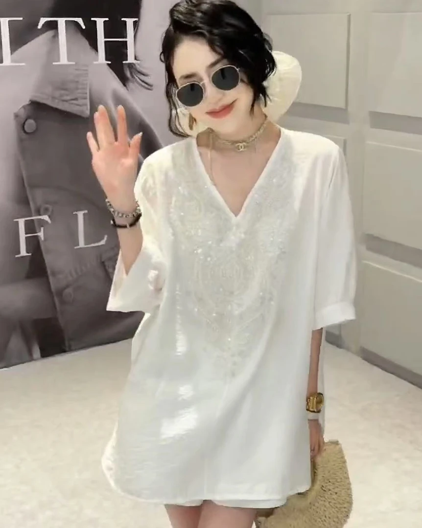 MLF01#春夏加大码大衫 200斤胖mm重工亮片半袖衬衫