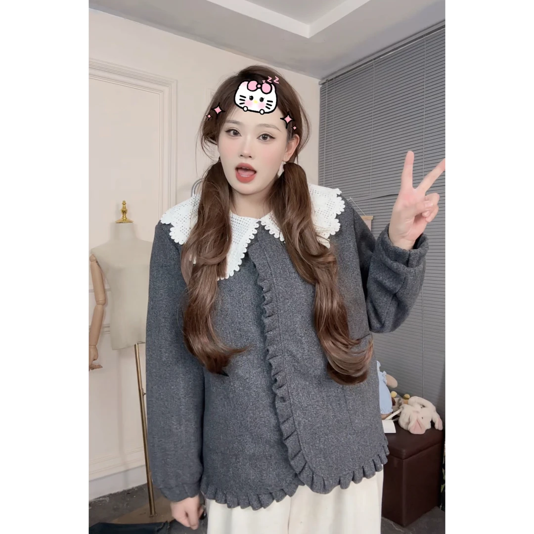 娃娃领压褶边百搭休闲外套女上衣胖mm2024显瘦款宽松大码冬季女装