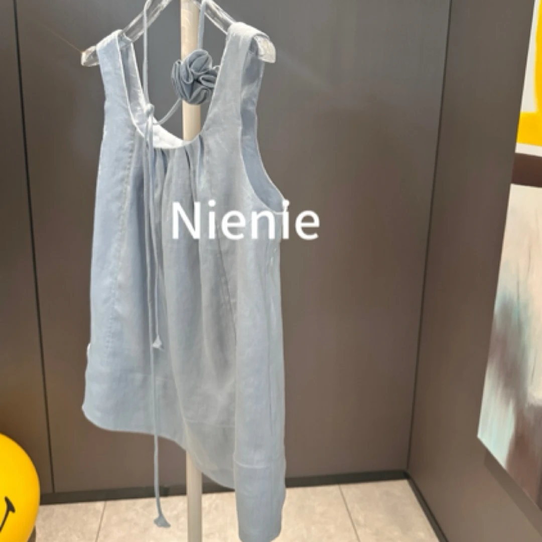 Nienie 纯麻原创设计款上衣 带手工花朵挂脖