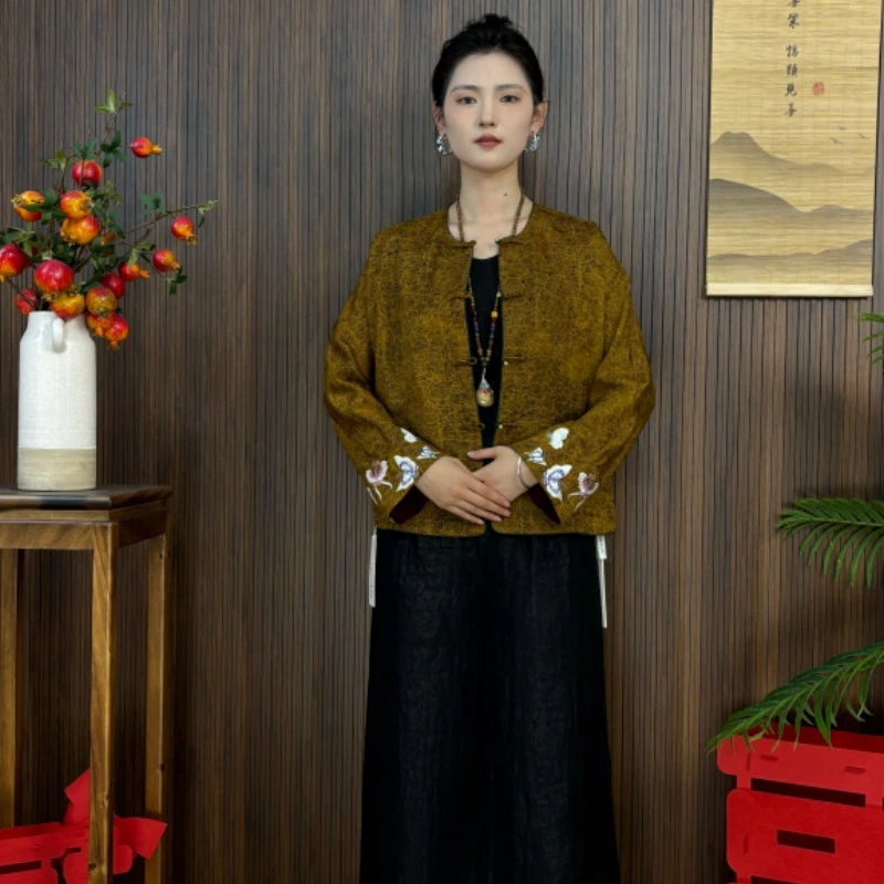 （9909）100桑蚕丝红云纱新中式绞罗刺绣上衣