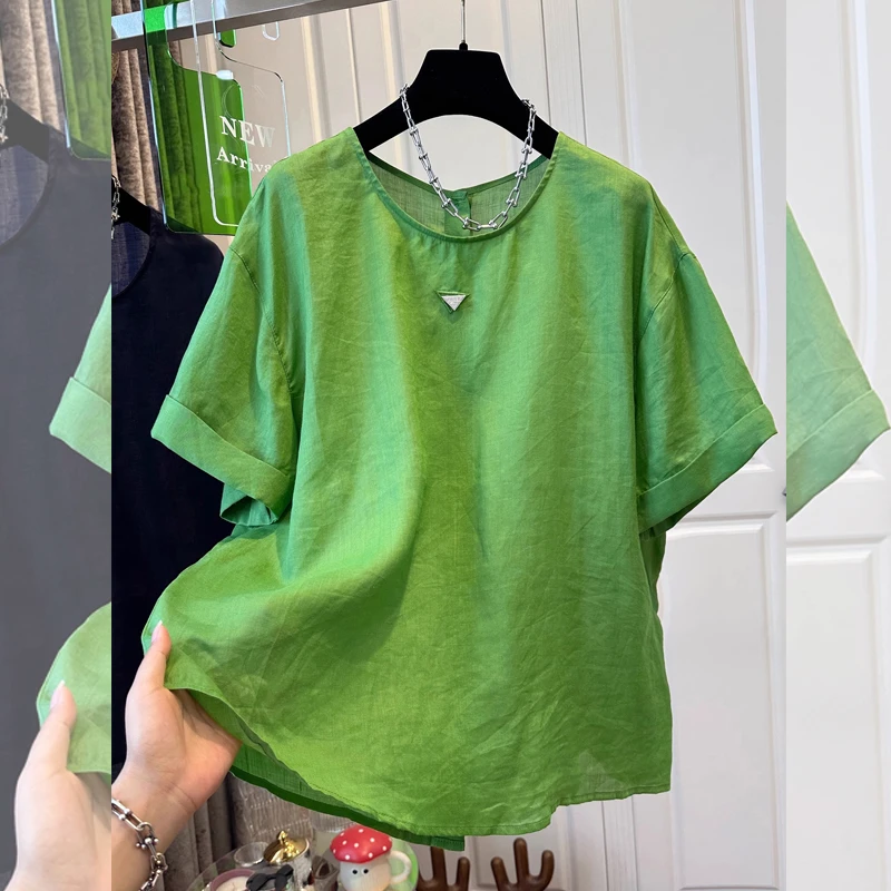 纯色新款夏季后背纽扣法式宽松短袖衬衫女通勤休闲个性百搭遮肚子