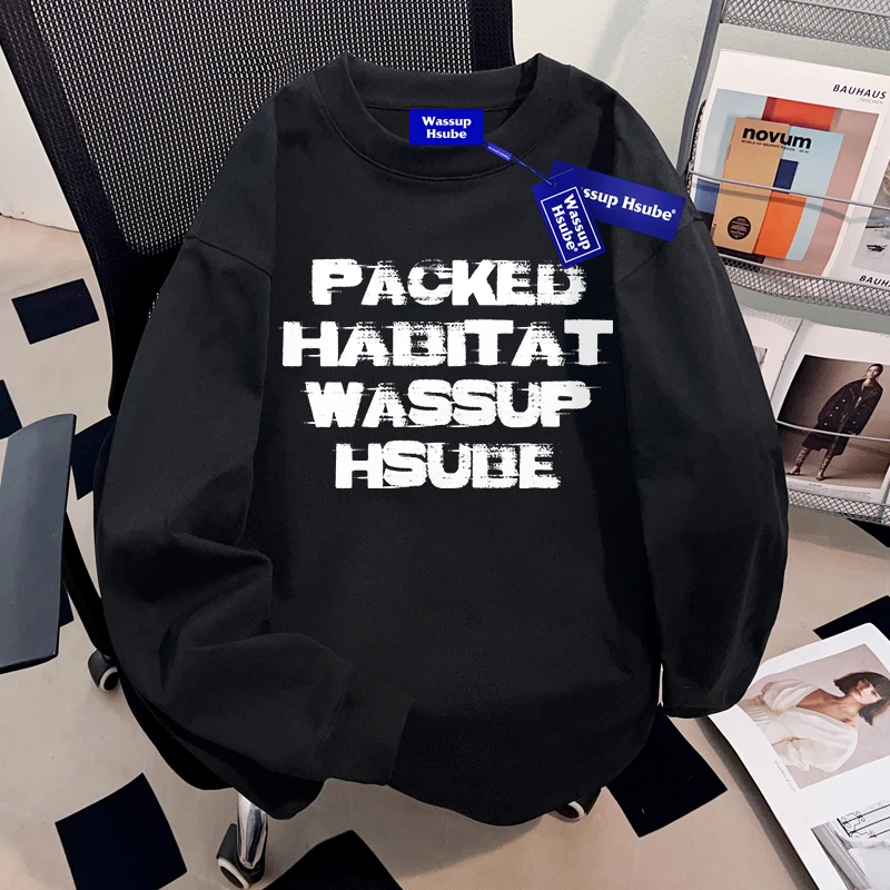WASSUP HSUBE重磅美式国潮牌长袖纯棉T恤秋季新款宽松休闲体恤衫