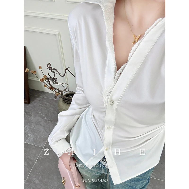 无艳一禾【香楹仙踪】法式竹纤维收腰衬衫+高棉花边牛仔裤