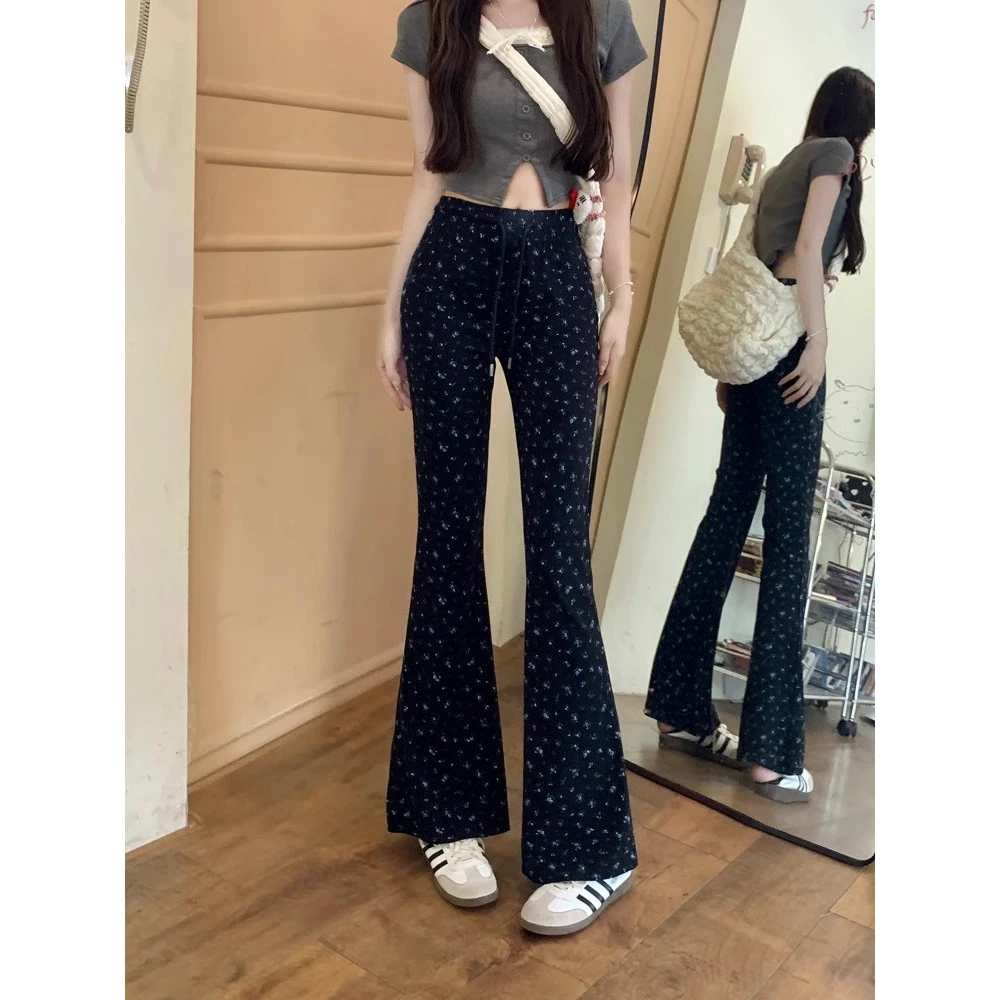 春夏季韩版网红碎花喇叭裤女高腰修身显瘦休闲裤小个子微喇拖地裤