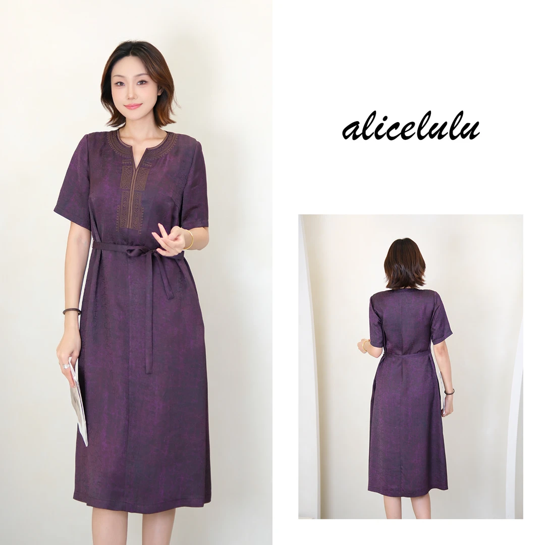 [alicelulu] 高端国风重工烫钻龟裂纹优雅系带连衣裙S2143746E