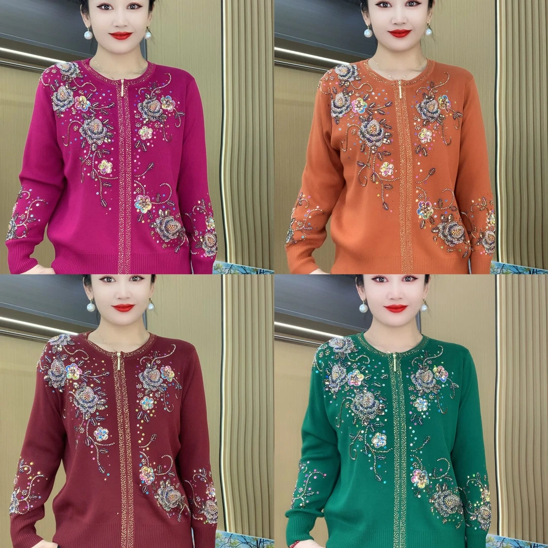 时尚串珠焦麻针织玫瑰花两穿小衫开衫外套0205#