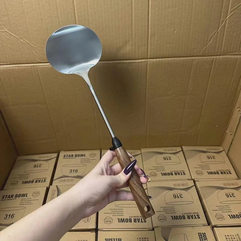 炒勺316不锈钢炒菜勺铲子食品级家用加厚厨具木柄锅铲套装蘑菇铲
