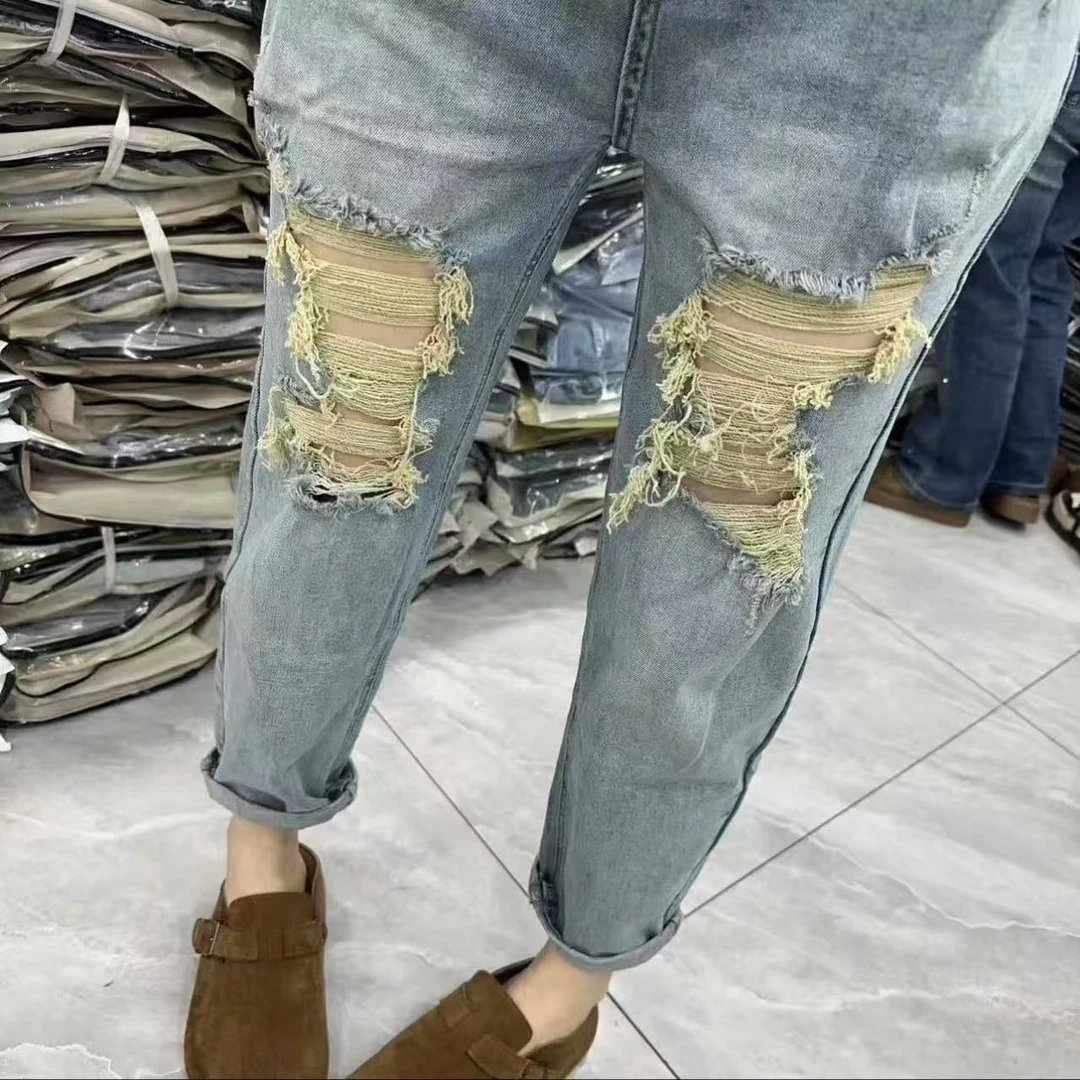 979弹力牛仔老爹裤破洞（送腰带）