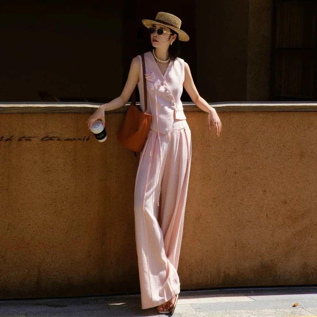 欧洲站女装时尚手工花朵收腰马甲阔腿裤套装气质小蛮腰夏两件套潮