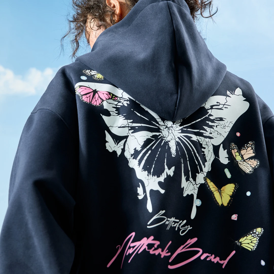Nuthink美式复古蝴蝶印花连帽卫衣外套嘻哈潮牌男女2025秋季新款