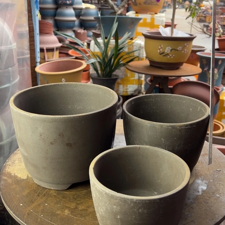 紫砂宜兴紫砂花盆紫泥笔筒三件套