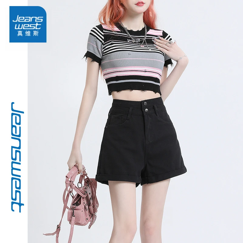 真维斯JEANS黑色卷边牛仔短裤女夏季宽松百搭高腰显瘦a字阔腿热裤