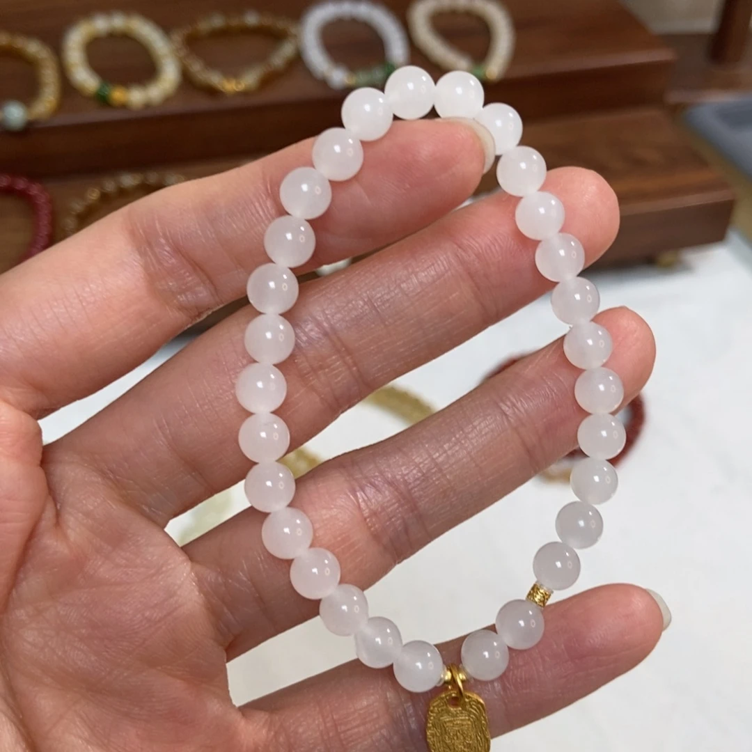 和田玉银S925镶嵌手链福利6mm冰白玉