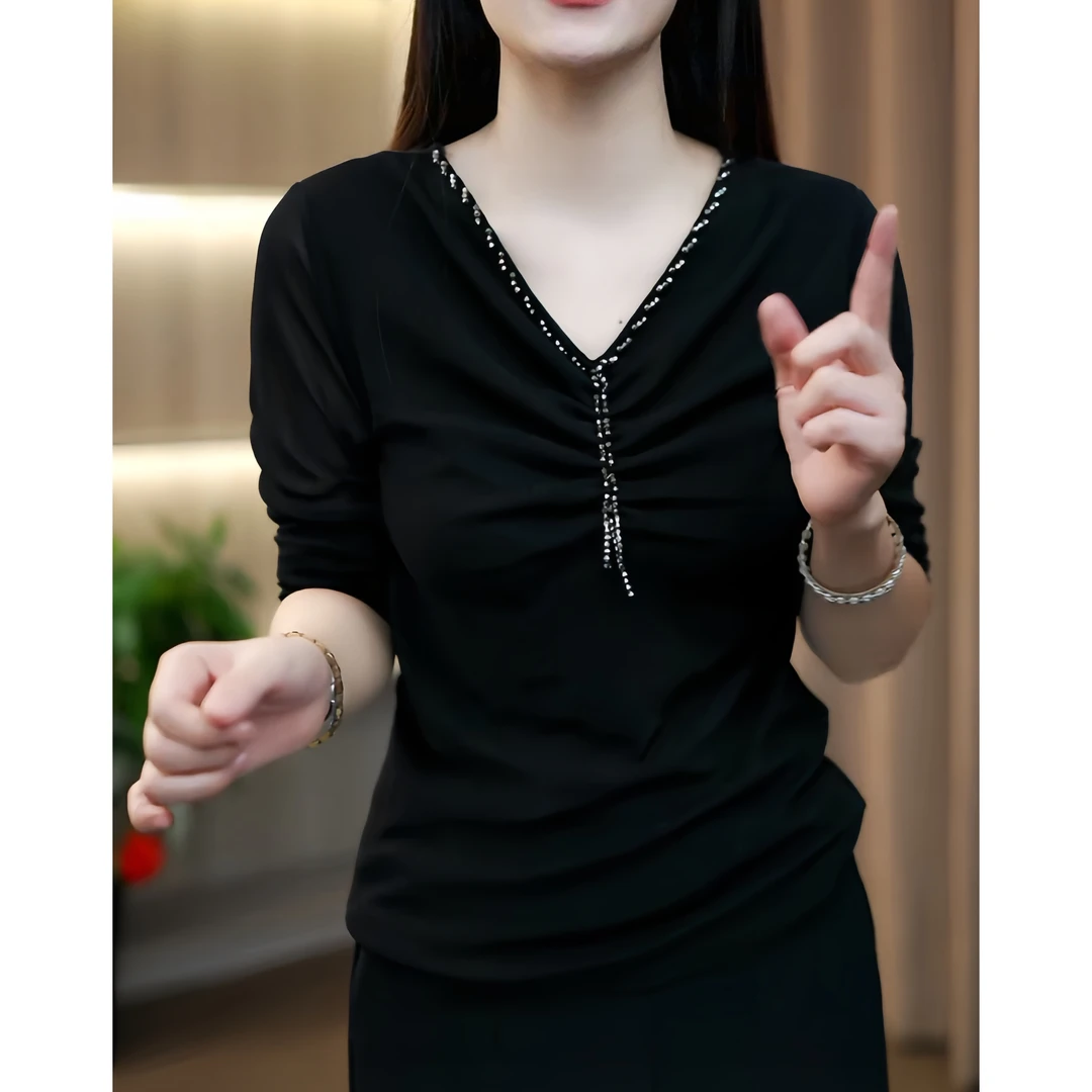 2025早秋V领长袖T恤女时尚百搭气质显瘦网红设计感小衫洋气上衣潮