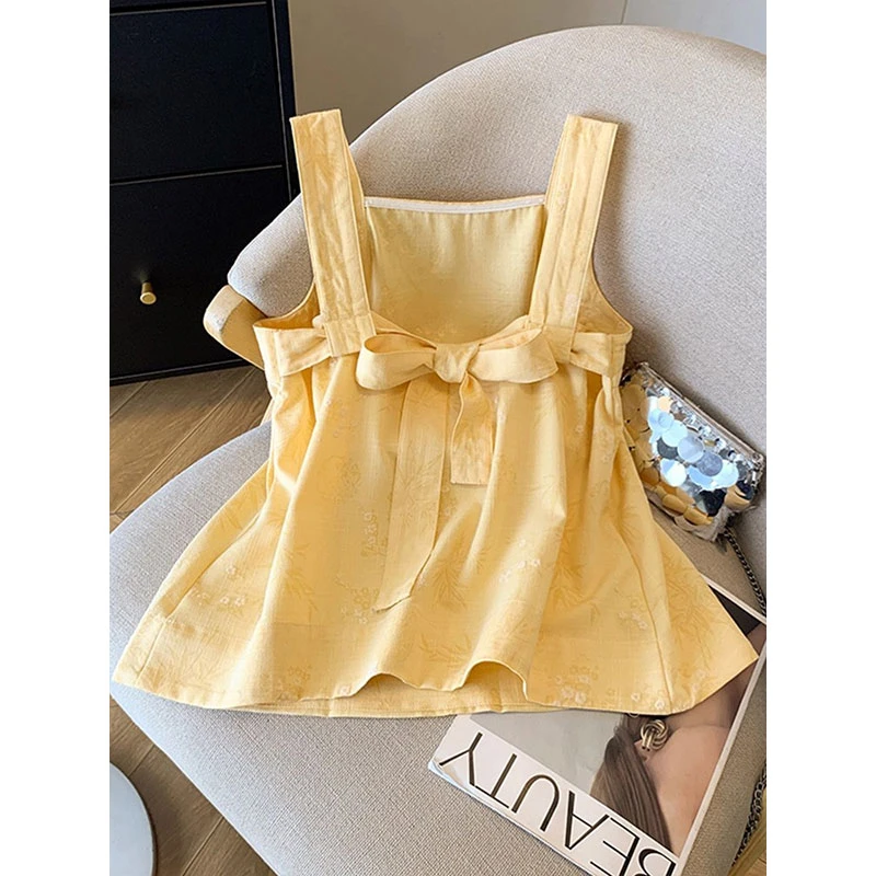 好听鸭法式提花系带蝴蝶结吊带背心女外穿度假风减龄黄色无袖上衣