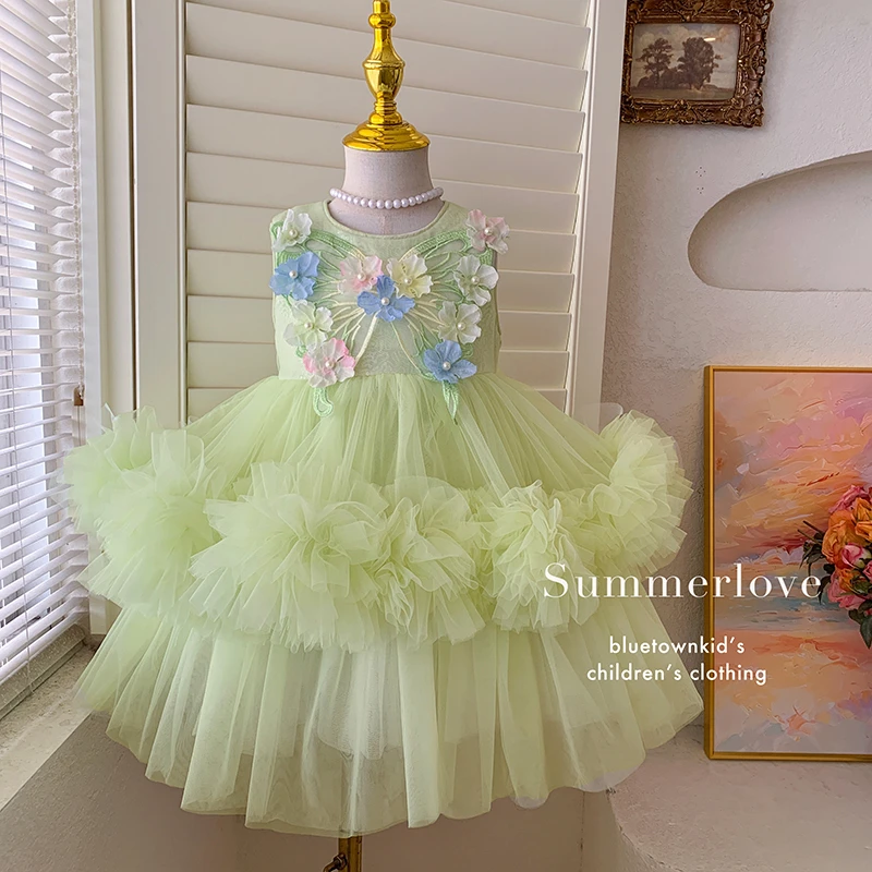 【本妈】2025夏“绿野仙踪”女童无袖立体蝴蝶结网纱蛋糕裙8003