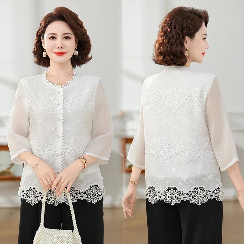 妈妈夏装蕾丝衬衫女2025新款中老年女春夏季时尚百搭上衣洋气小衫