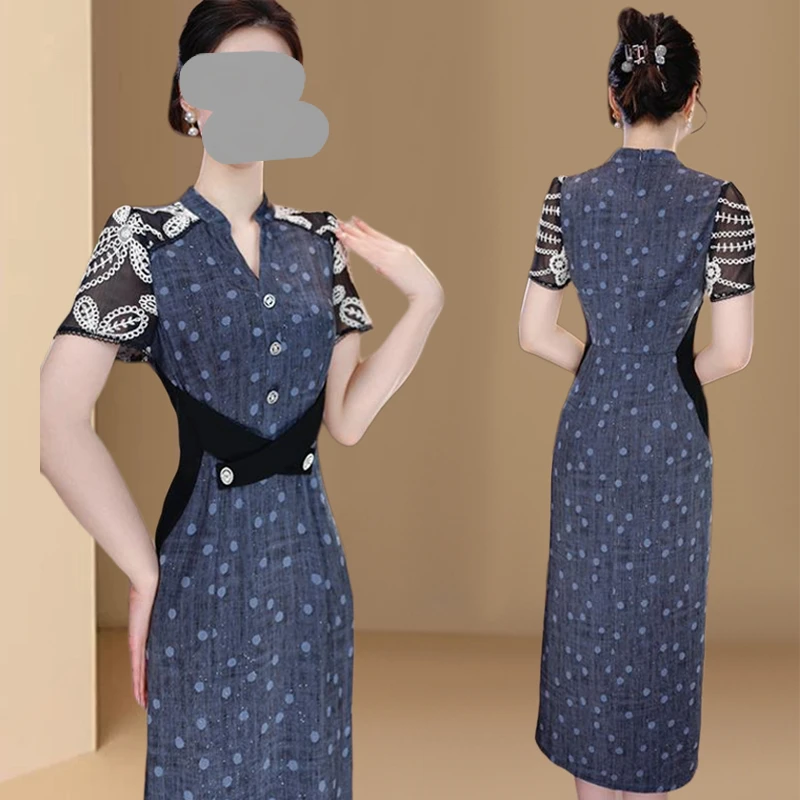 时尚连衣裙女2025夏季新款洋气质显瘦减龄中长款V领减龄印花裙子