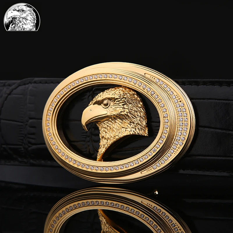 2025新款史蒂芬豹头鹰头腰带鳄鱼纹钢扣镶钻平滑扣男皮带牛皮