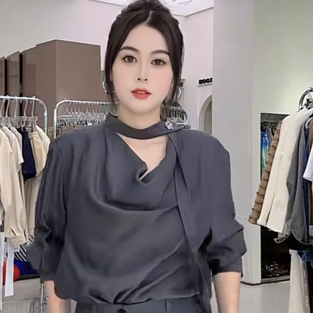 设计师款气质女神飘带衬衫