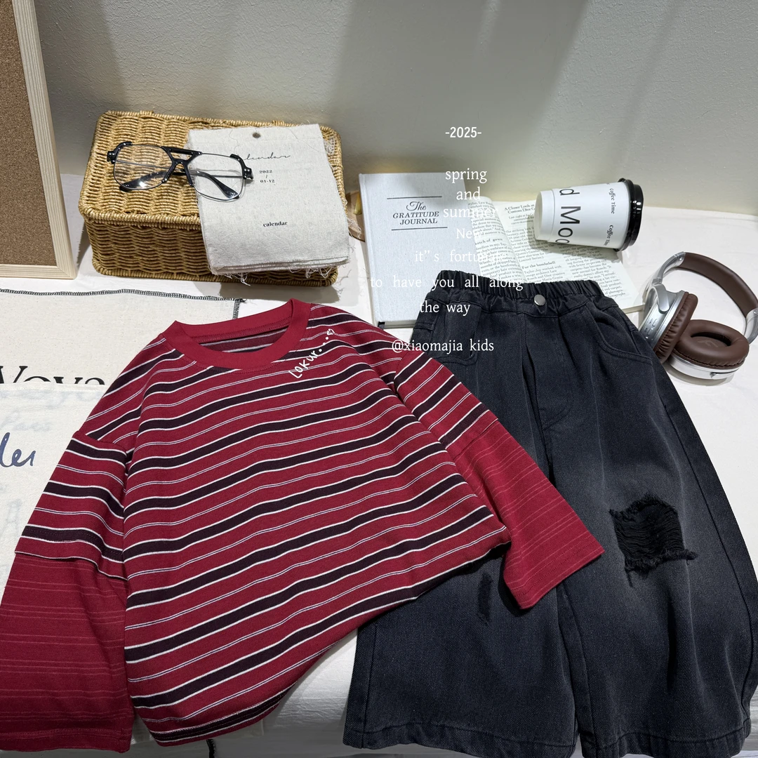 现货-儿童春季纯棉韩版卫衣D-5188条纹打底衫潮流时尚帅气宽松