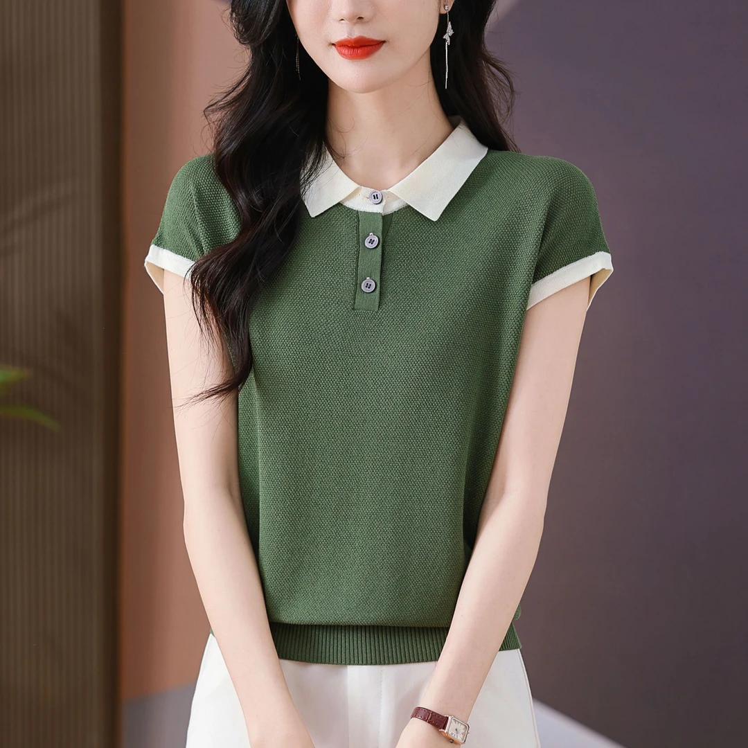 清凉夏季新款女士方领撞色百搭洋气薄款半袖拼色休闲显瘦气质上衣