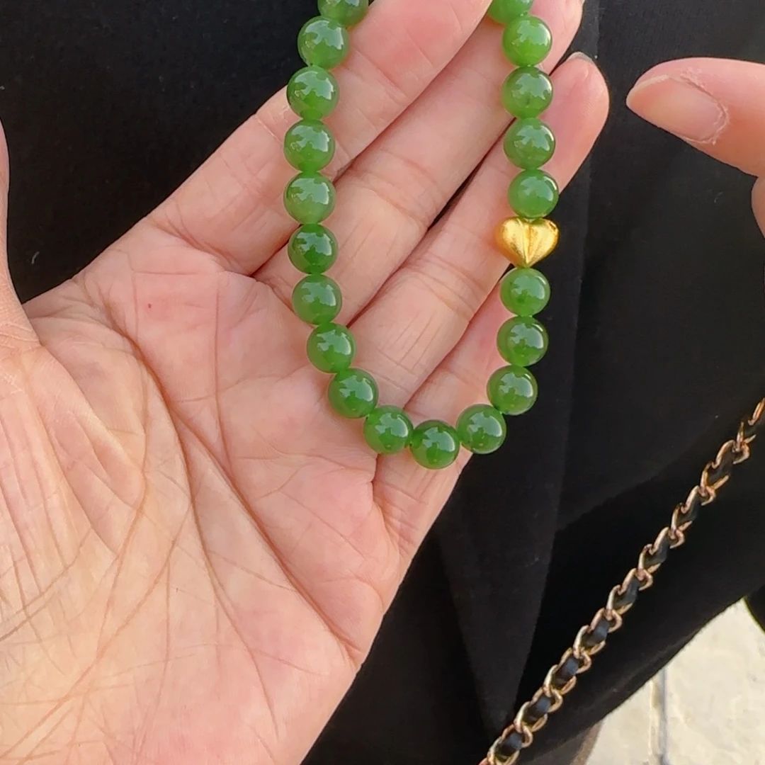 和田玉未镶嵌手链卡8碧玉手串辣阳绿