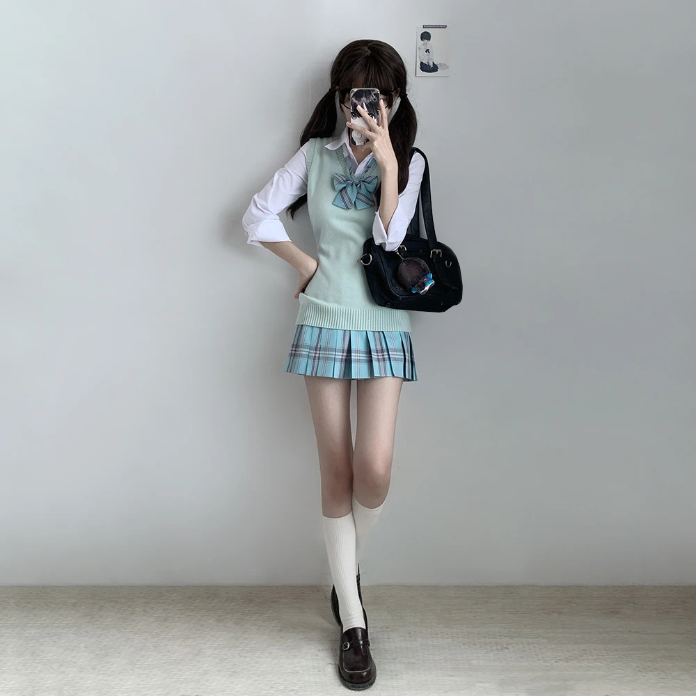 刺小兔原创jk薄荷绿收腰背心马甲制服学院风修身毛衣无袖针织衫女