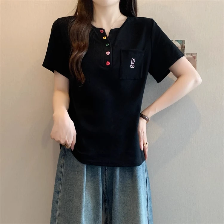 大码女装胖mm夏季新款正肩半开领短袖T恤女上衣设计感遮肚子显瘦