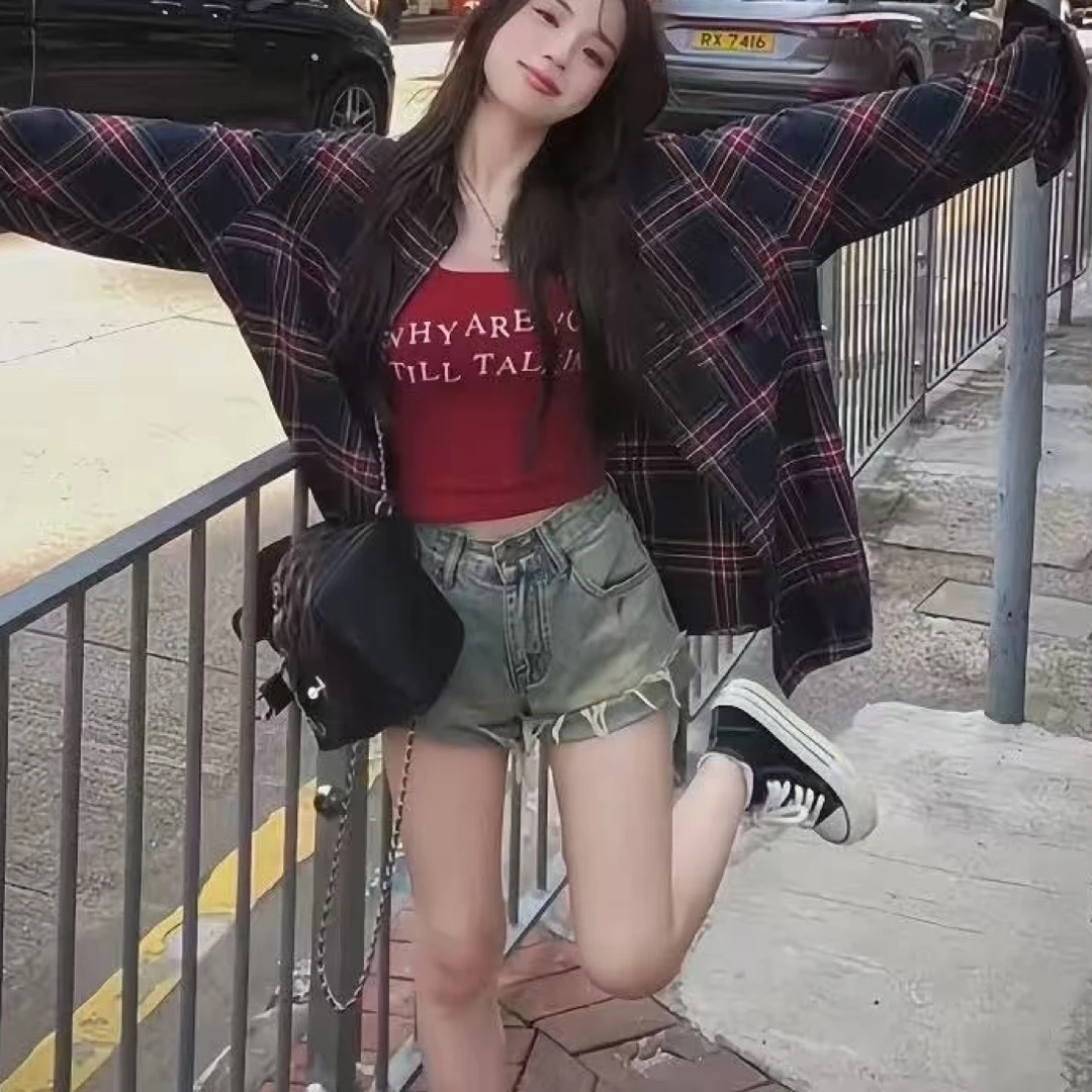 复古格子衬衫外套搭配背心慵懒风上衣两件套