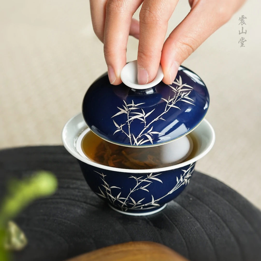 震山堂手工盖碗单个不烫手100毫升季蓝霁蓝描银泡茶碗工夫茶茶具