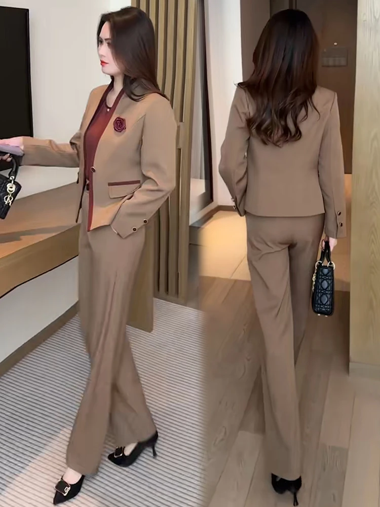 时尚套装女2025春季新款洋气显瘦职业西装外套背心阔腿裤三件套潮