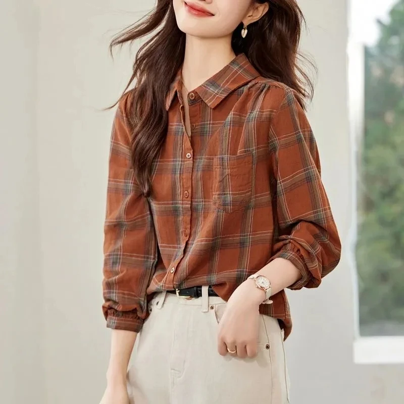 2025年秋季新款格子衬衫女长袖纯棉时尚设计感小众宽松衬衣薄上衣