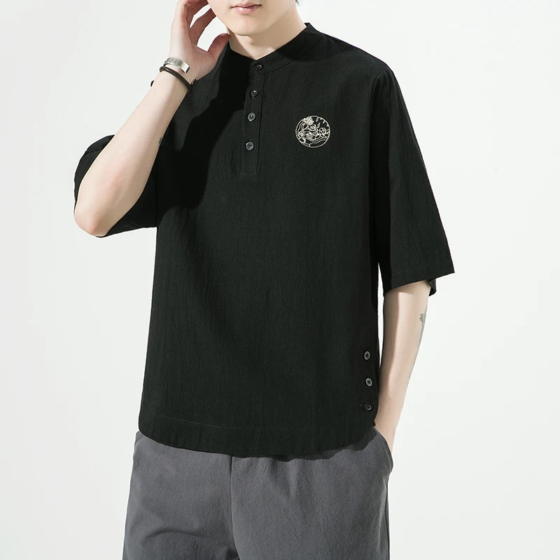 新中式男装复古刺绣黑色T恤男短袖夏季薄款中国风大码宽松上衣服