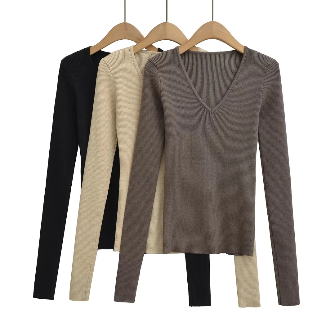 A1005辣妹黑色v领长袖针织衫女新款春秋季修身性感打底衫内搭毛衣