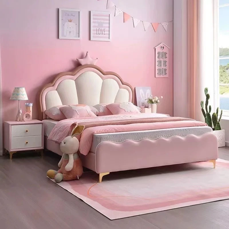 粉色公主床皇冠床女孩儿童房学生床小孩床儿童床软包床卡通北欧