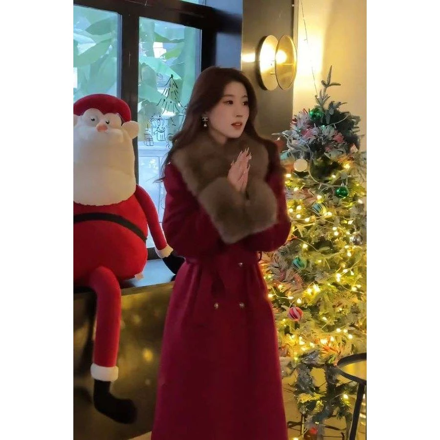 冬季女秋季红色宽松防水毛呢外套法式2025年女款流行外套秋冬