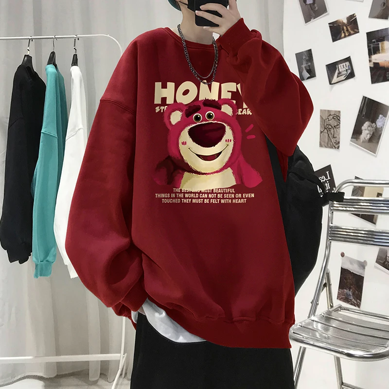 紫色华棉草莓熊美式慵懒chic无帽卫衣男oversize潮牌秋重磅硬挺