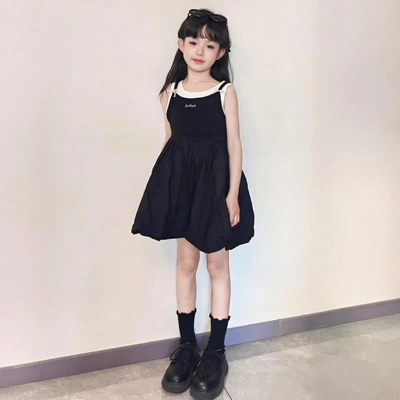 女童连衣裙夏2025新款女孩夏季洋气公主花苞裙儿童夏装黑色吊带裙