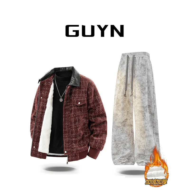 【品牌正品现货】GUYN加绒加厚保暖夹克外套男士时尚棉衣冬季两件套