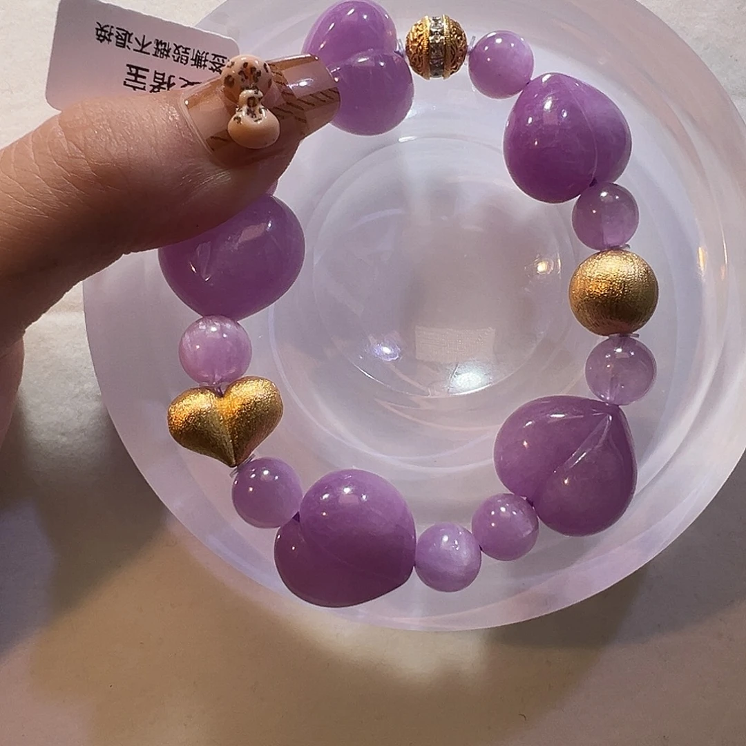 高***饼银S925镶嵌锂辉石手串屁桃紫锂辉设计款