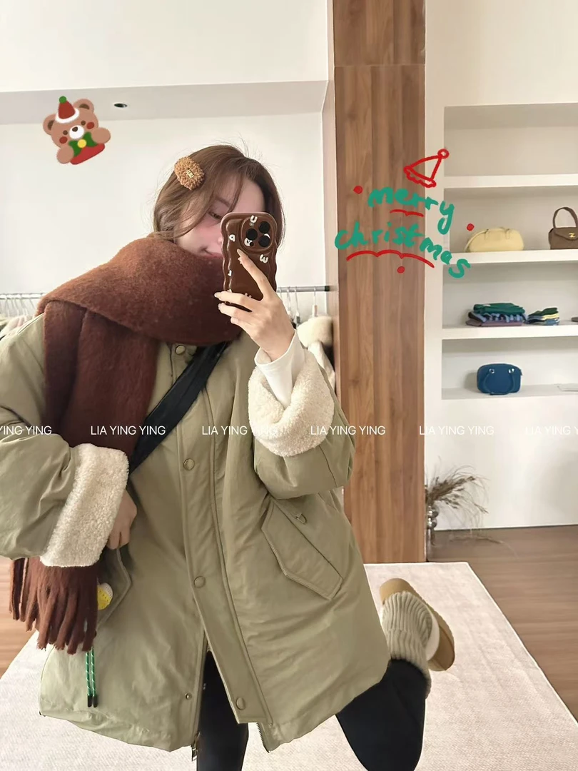 【露丝】。厚！韩系绿～立领羽绒服～袖口超软羊羔毛冬季白鸭绒保暖外套