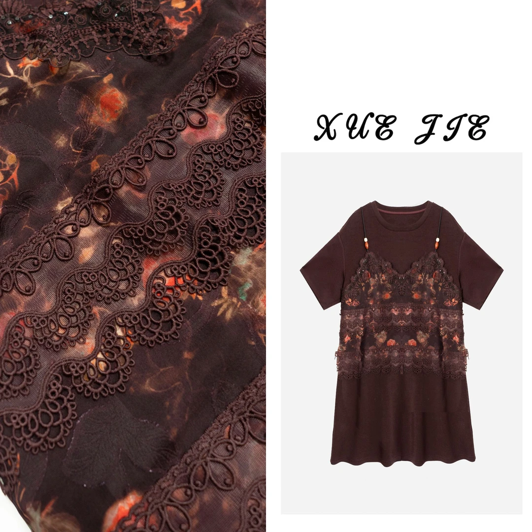 逸焰【雪姐落花为信】-69215假两件立体刺绣拼接设计感碎花连衣裙