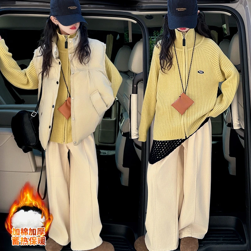 女童冬季马甲套装2025新款韩系女孩初中生加厚毛衣阔腿裤三件套潮