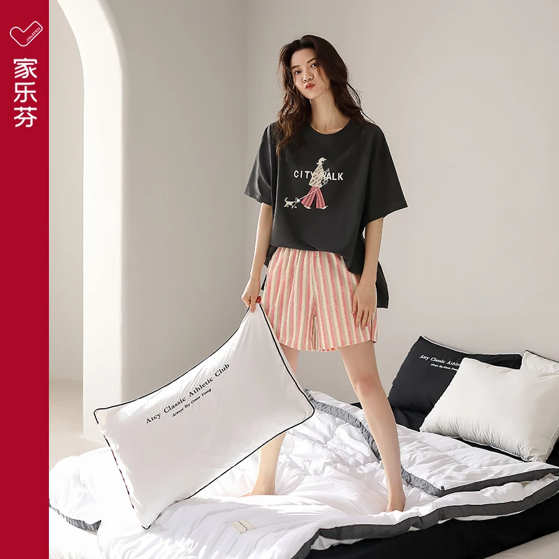 家乐芬睡衣女夏季夏款莫代尔短袖短裤家居服冰丝薄款时尚休闲套装
